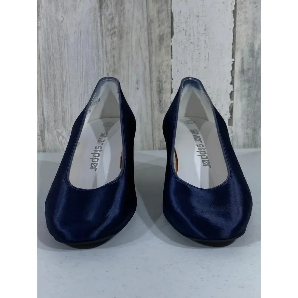 Coloriffics Silver‎ Slipper Vintage Navy Blue Satin Block Heels Womens Size 9.5